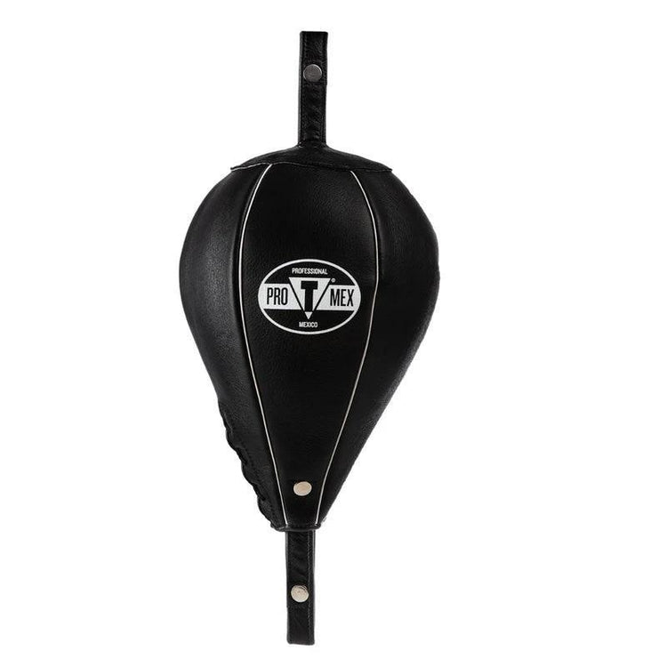 Black leather boxing floor to ceiling bag with white Pro Mex logo, isolated on white background