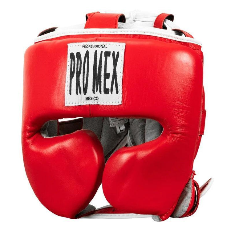 Red Pro Mex boxing headgear with white trim, padded for sparring and face protection