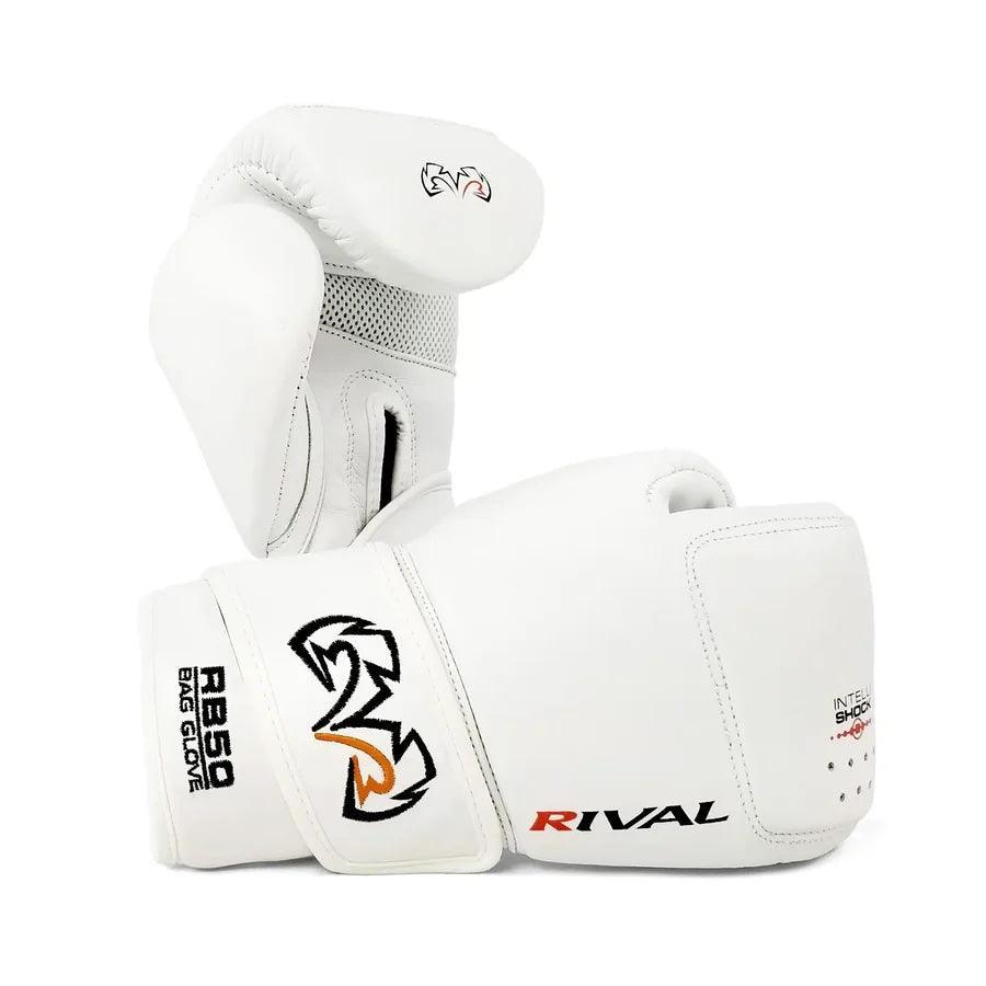 White Rival RB50 boxing gloves with embroidered logo and wrist support, pro training gear