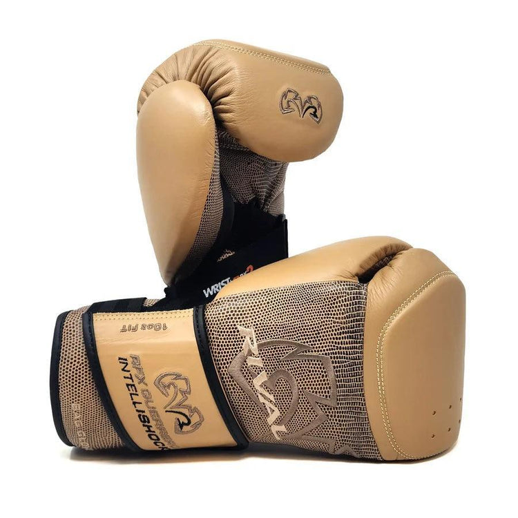 Beige snake-patterned boxing gloves with black accents and pro-grade design