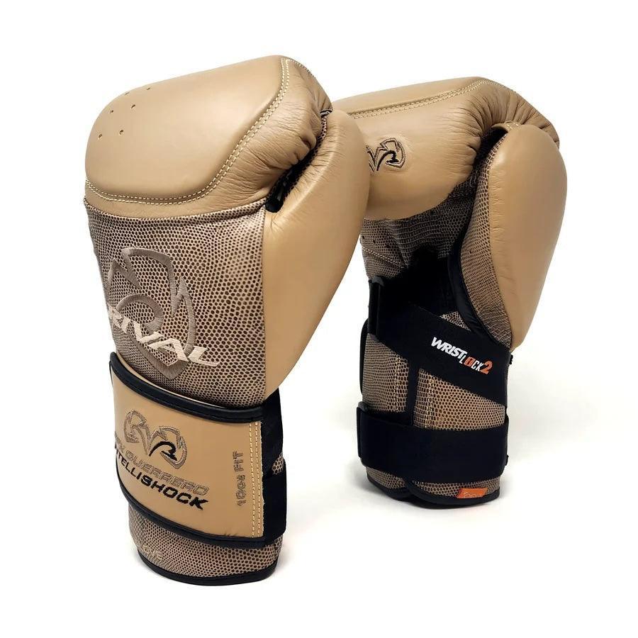 Beige and black pro boxing gloves with mesh accents and secure wrist straps, upright on white background.