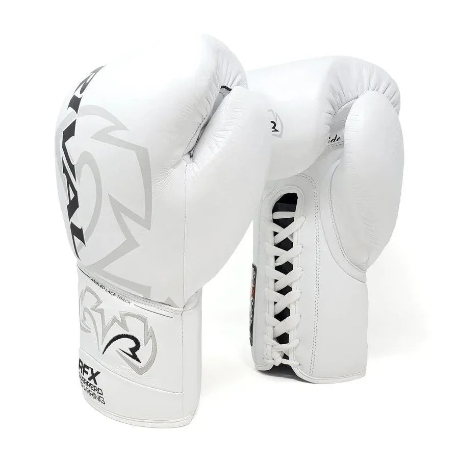 White lace-up pro boxing gloves with silver logo design on a plain background