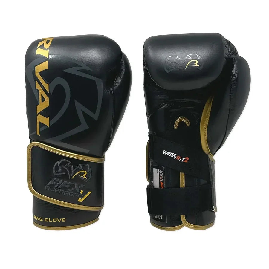 Black and gold leather boxing gloves with wrist support, pro-grade training gear