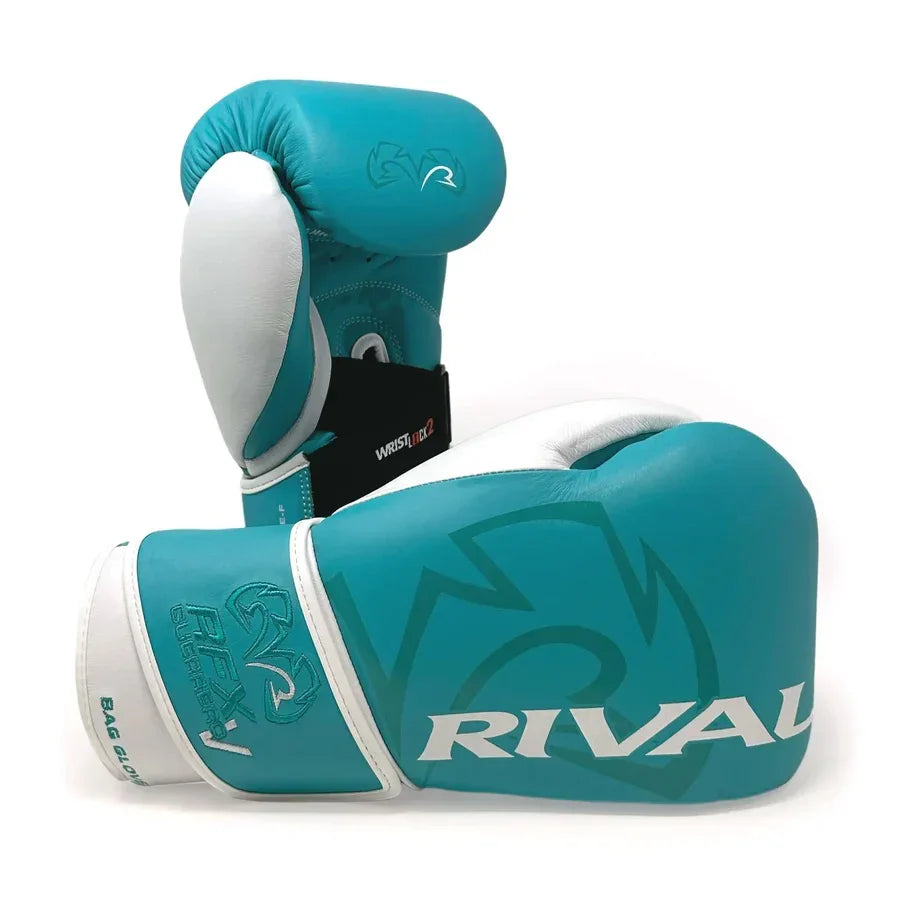 Teal and white Rival boxing gloves with large logo, designed for training and bag work
