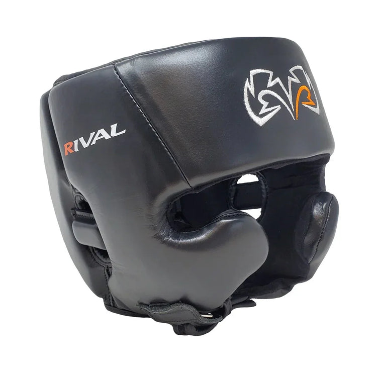 Black leather boxing headgear with full cheek protection and Rival logo