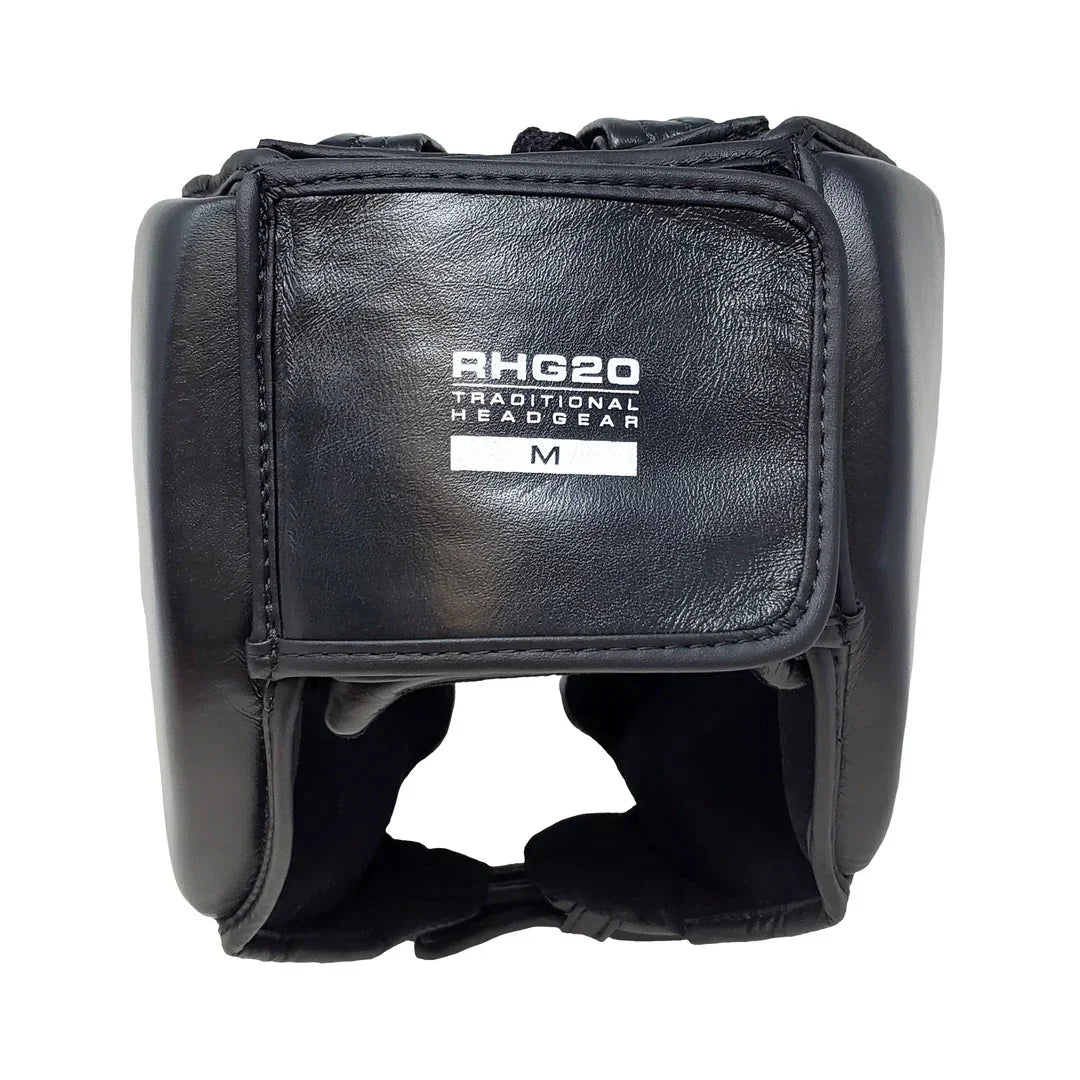 Black traditional boxing headgear RHG20 with padded ear and face protection, size M