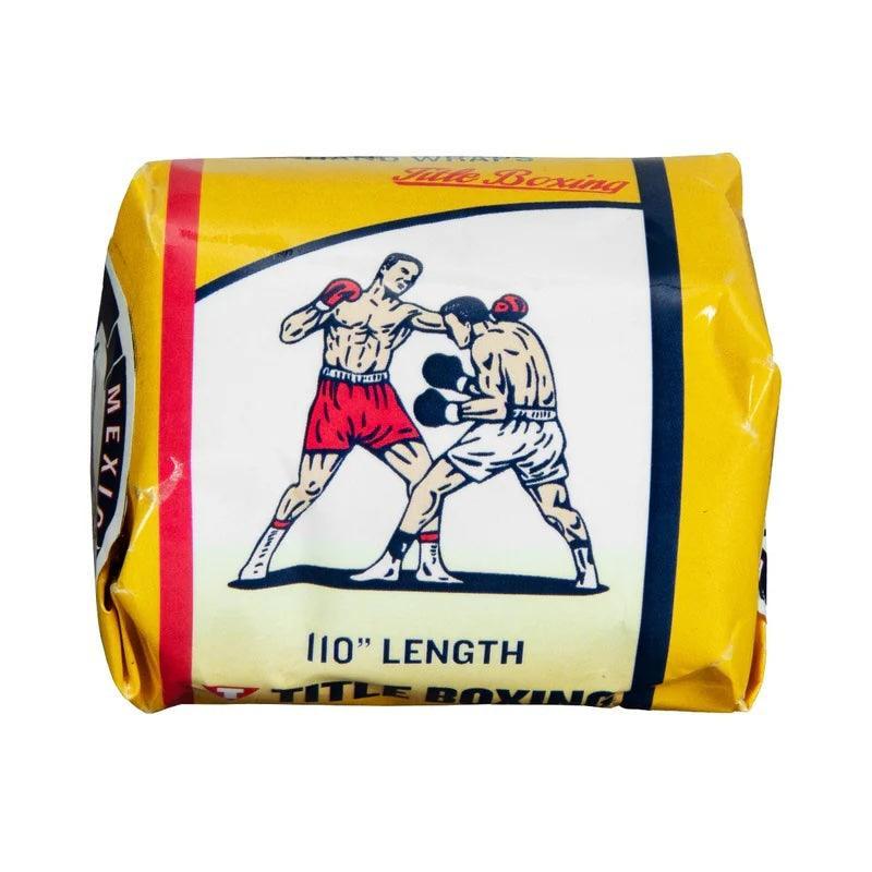 Yellow package of boxing hand wraps with illustration of two boxers and 110 inch length text