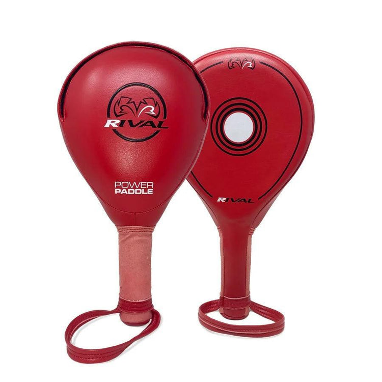 Red Rival boxing power paddles with wrist straps for boxing training and hand-eye coordination.